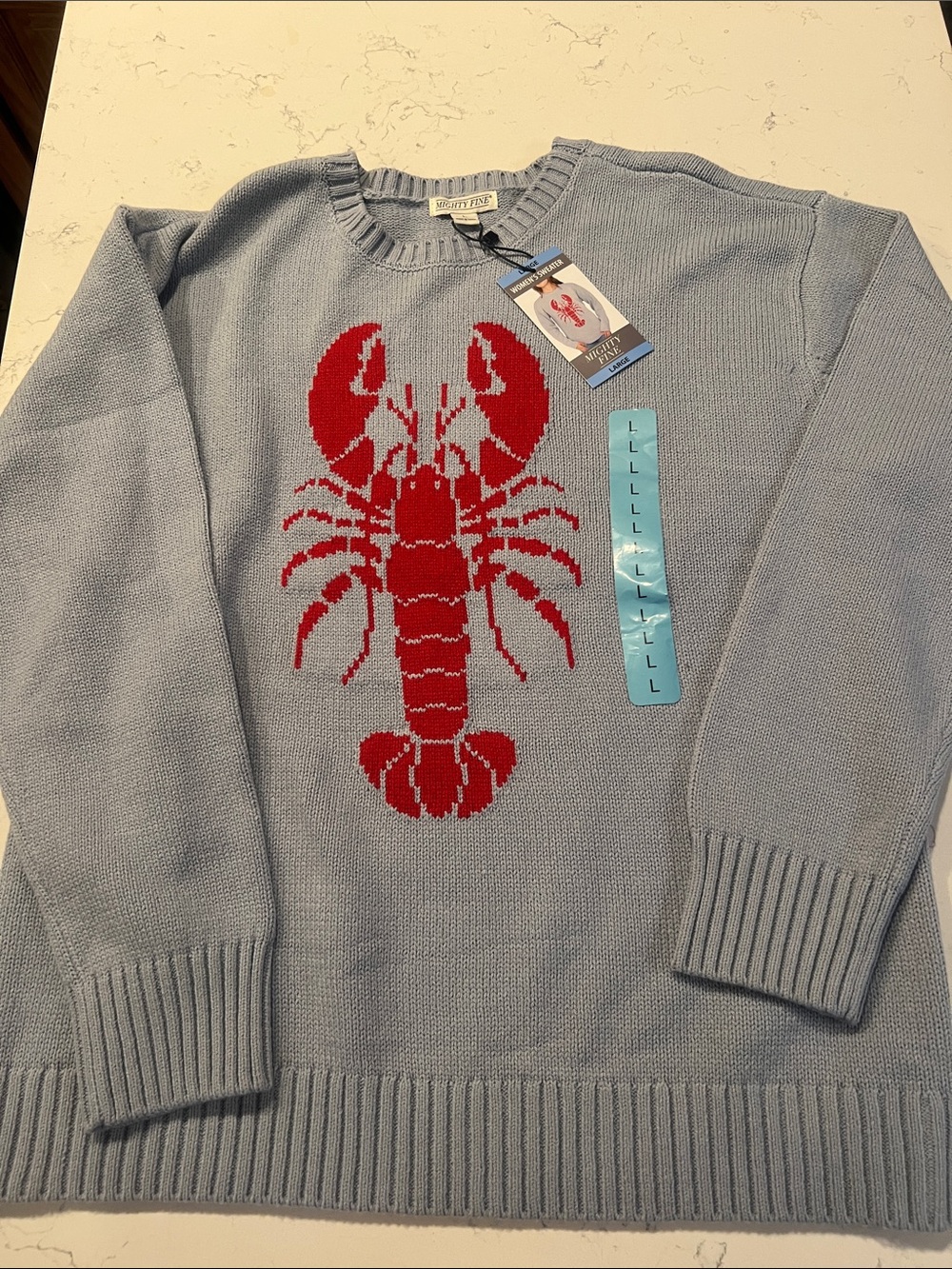Mighty Fine Light Blue Crewneck Sweater with Red Lobster
